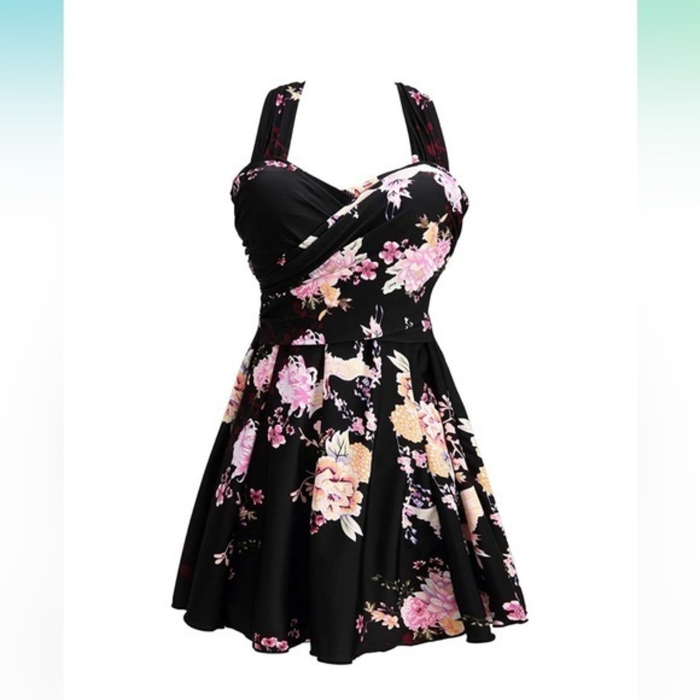 COCOPEAR Women's Elegant Crossover One Piece Swimdress Floral Skirted Swimsuit